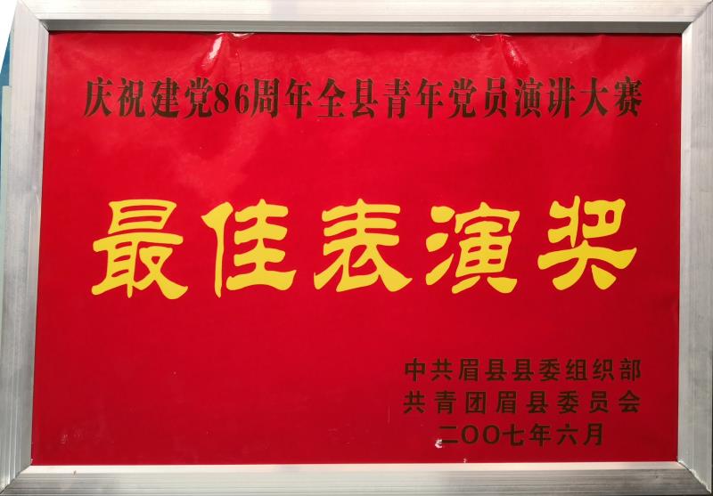 庆祝建党86周年全县青年党员演讲大赛最佳表演奖